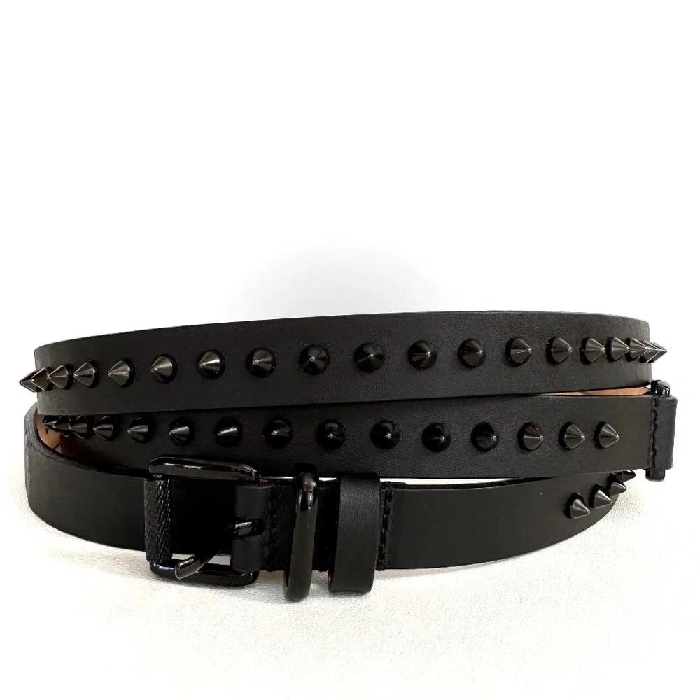 Barbara Bui Black Skinny Spiked Double Wrap Belt Size 90